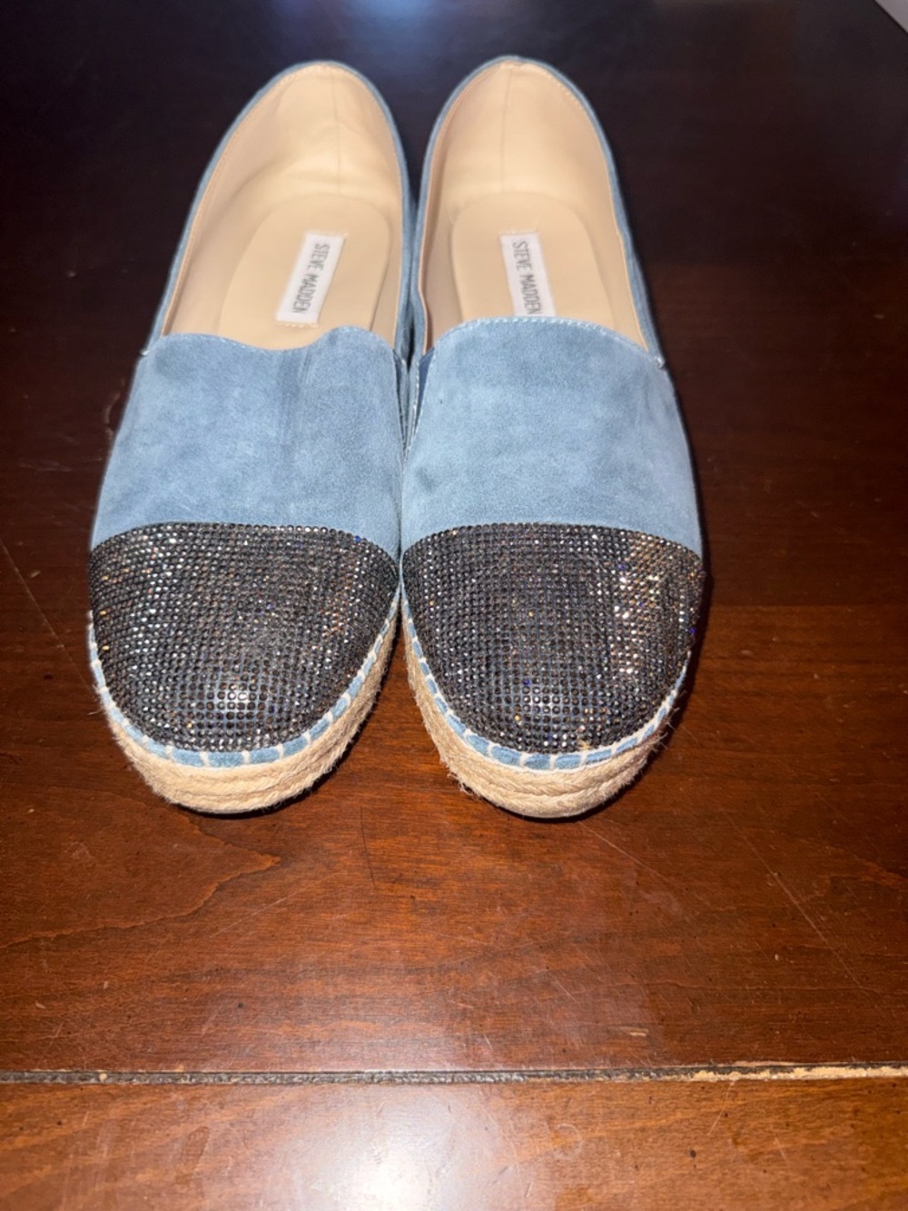 Steve Madden Light Blue Suede Espadrilles with Black Rhinestone Toe